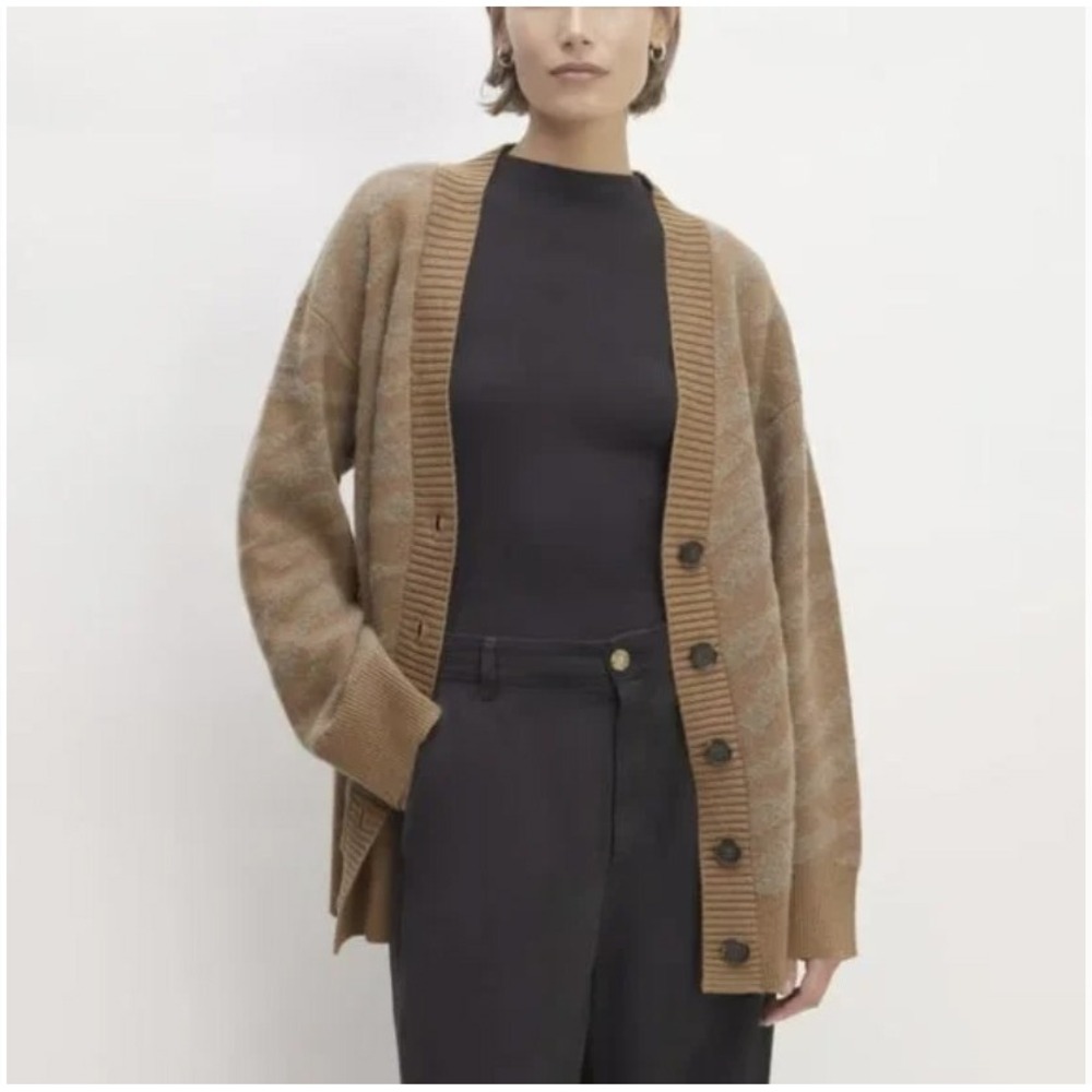 Everlane Alpaca Tiger Jacquard Alpaca Wool Blend Oversized Cardigan Brown Tan M